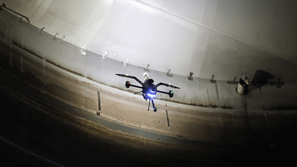 Inside storage tank inspection with Voliro T 